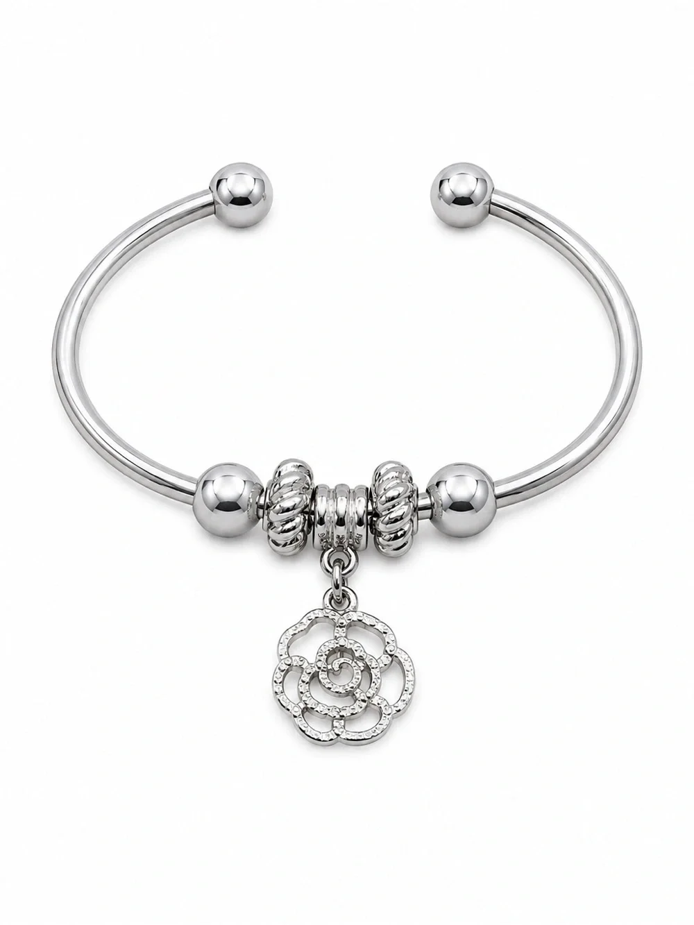 Silver Open Cuff Bangle Bracelet with Crystal Rose Charm Beads